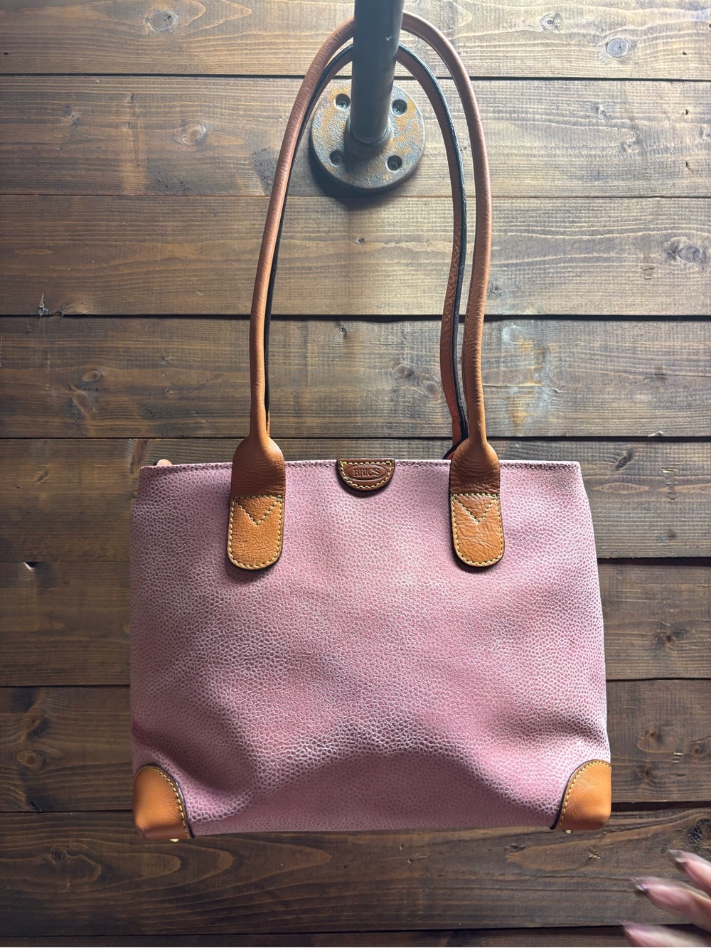 Bric's Pink Leather Tote with Tan Trim and Handles